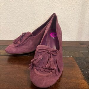 Coach Terri Purple Suede Slip On Tasseled Kiltie Wedge Heel Shoes Women Sz 8.5